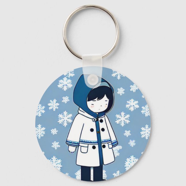 Porte-clés Fille triste flocons de neige blanc bleu répétitio (Recto)