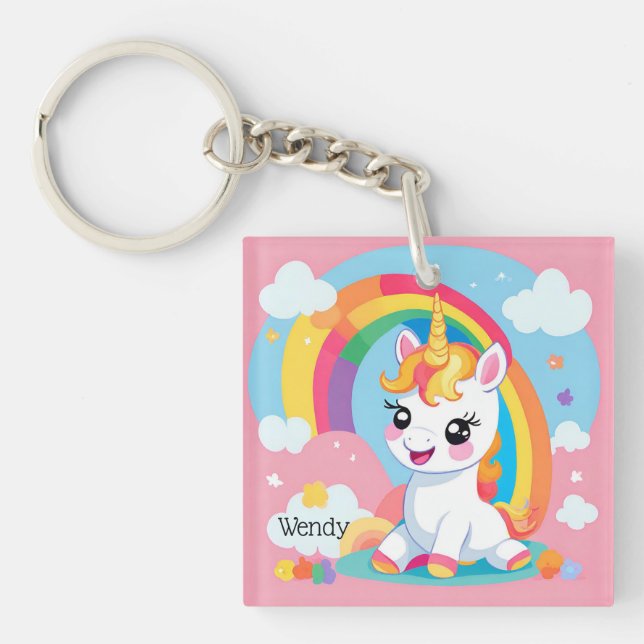 Porte-clés Fille's mignon Unicorn arc-en-ciel Nom personnalis (Devant)