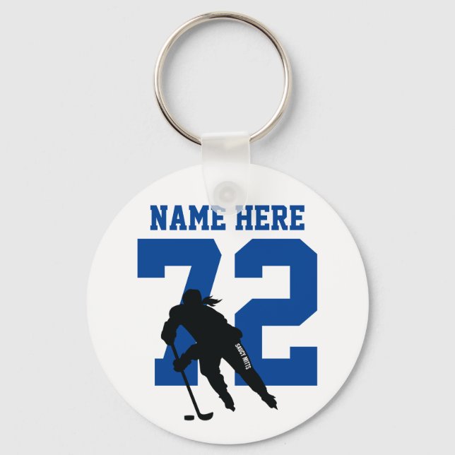 Porte-clés Filles personnalisées Joueur de hockey Nom bleu (Recto)