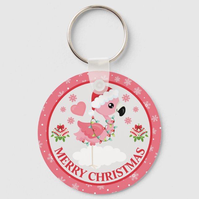 Porte-clés Flamant rose de Noël rose et rouge hiver (Recto)