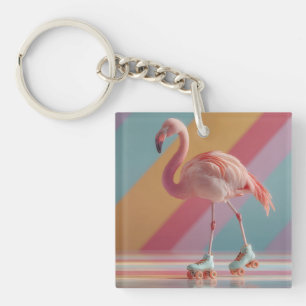 Porte-clés Flamant Rose Fantaisiste sur des Patins à Roulette