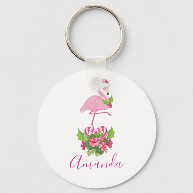 Porte-clés Flamant rose rose à Santa Hat Noël Whimsical (Recto)