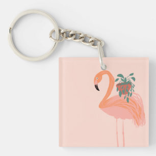 Porte-clés Flamant tropical avec plante en pot dessinée à la 