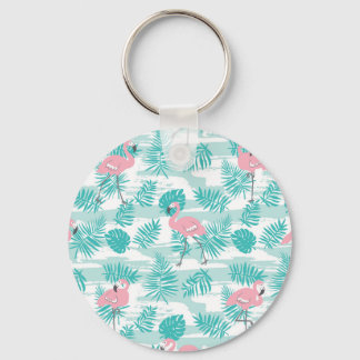 Porte-clés flamants roses, feuilles de palmiers verts, tropic