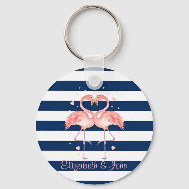 Porte-clés Flamants roses Roses En Amour, Bleu Marine (Recto)