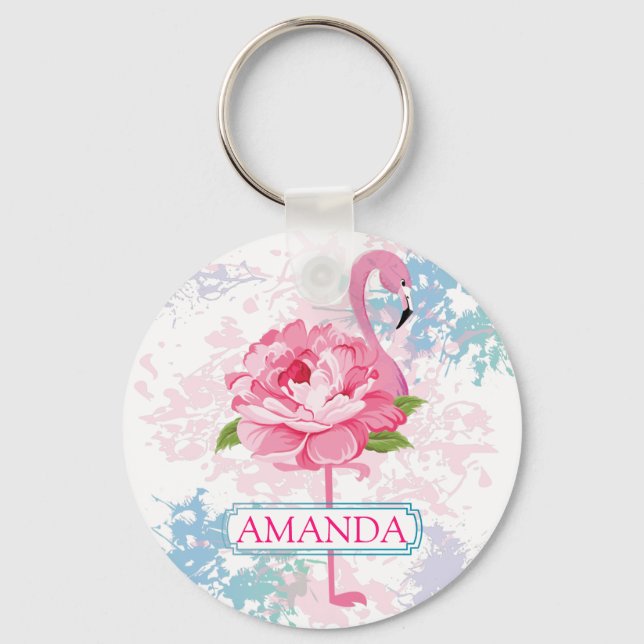 Porte-clés Flamingo rose Design floral Monogramme (Recto)