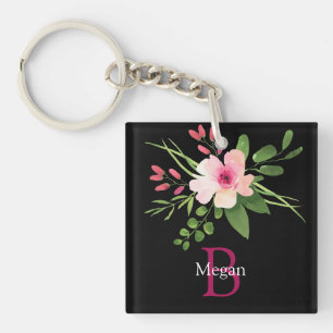 Porte-clés Fleur aquarelle, nom et monogramme sur fond noir