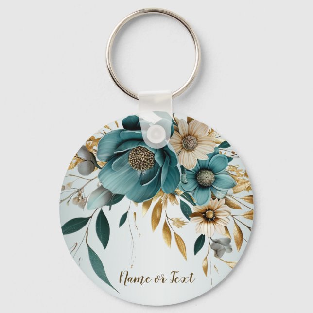 Porte-clés Fleur blanche turquoise Feuille d'or élégant (Recto)