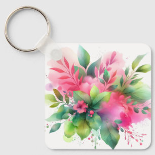 Porte-clés Fleur botanique à l'aquarelle rose vert