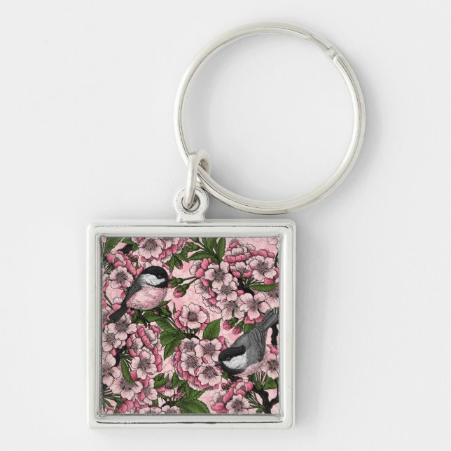 Porte-clés Fleur de cerisiers et poulets roses (Devant)