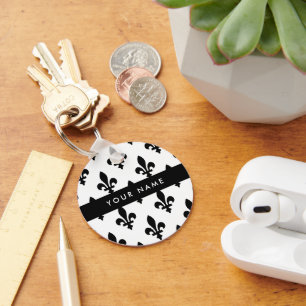 Porte-clés Fleur de Lis, Noir sur Blanc, Noir, Votre Nom