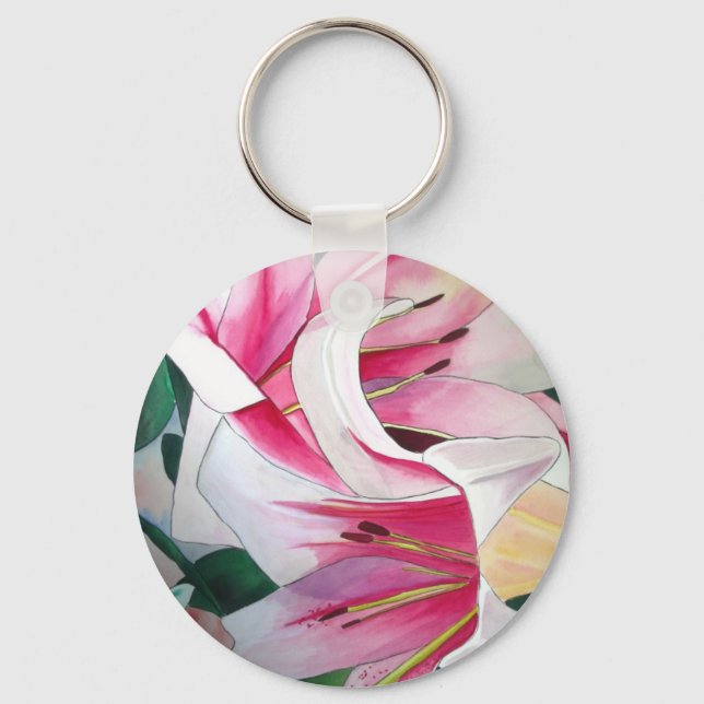 Porte-clés Fleur de lys blanche et rose aquarelle oeuvre d'ar (Recto)