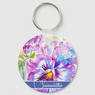 Porte-clés Fleur de Pansy Violet Fleurs Florales Femme Nom Ce