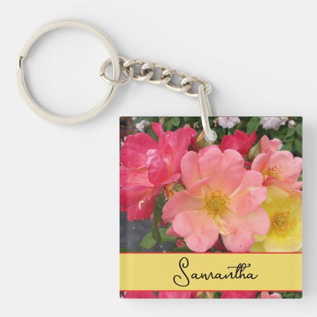 Porte-clés Fleur de rose jaune rouge Roses floraux (Devant)