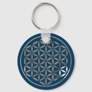 Porte-clés Fleur de Vie 1 - Tampon argent   bleu foncé