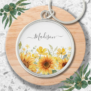 Porte-clés Fleur jaune de tournesol en monogramme floral bota