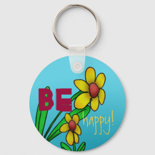 Porte-clés Fleur jaune soyez heureux ciel bleu anneau de port