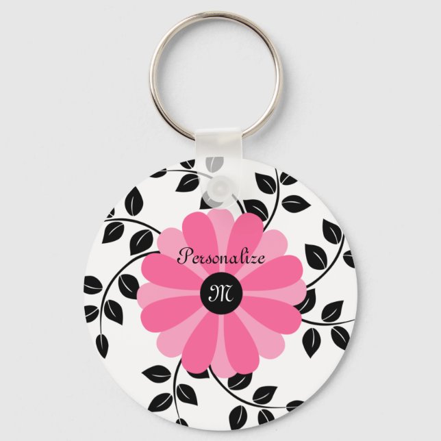 Porte-clés Fleur Monogramme Rose Et Noir Avec Nom (Recto)