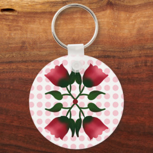 Porte-clés Fleur retro rouge, art folklorique avec motif à po