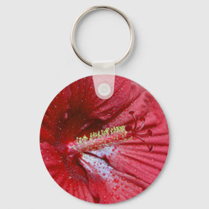 Porte-clés Fleur rouge de ketmie avec la photo de gouttes de