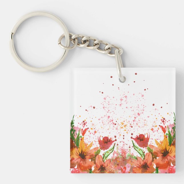 Porte-clés Fleurs Abstraites Modernes Vertes et Orange (Devant)