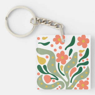 Porte-clés Fleurs Abstraites Modernes Vertes et Orange