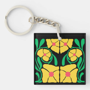 Porte-clés Fleurs Abstraites Modernes Vertes et Orange