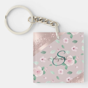 Porte-clés Fleurs aquarelle monogramme or rose