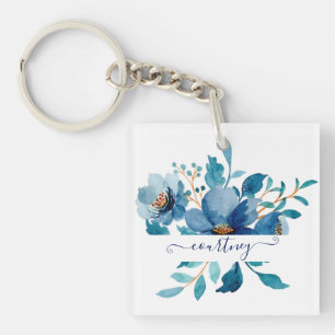 Porte-clés Fleurs aquarelles bleu vif personnalisées