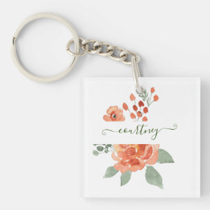 Porte-clés Fleurs aquarelles orange personnalisées