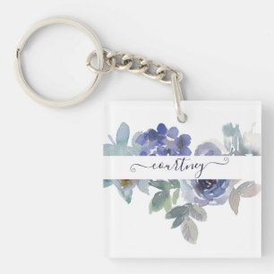 Porte-clés Fleurs aquarelles personnalisées bleues et vertes