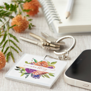 Porte-clés Fleurs aquarelles violettes et orange personnalisé