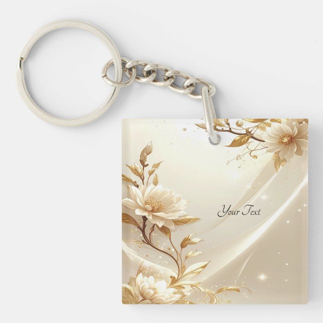 Porte-clés Fleurs Blanches et Dorées (Devant)