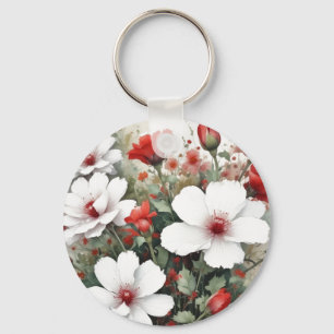 Porte-clés Fleurs blanches et rouges Elégante aquarelle