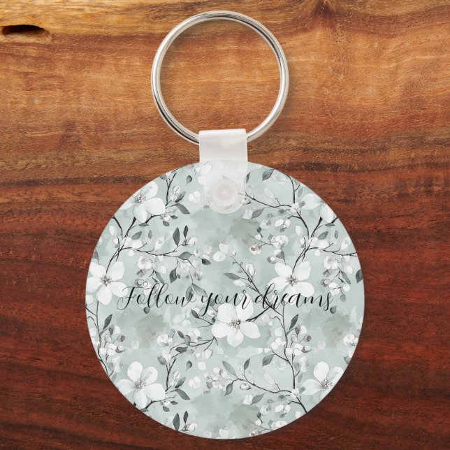 Porte-clés Fleurs blanches gris chic (Recto)
