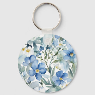 Porte-clés Fleurs Bleues Blancs Aquarelle Chic