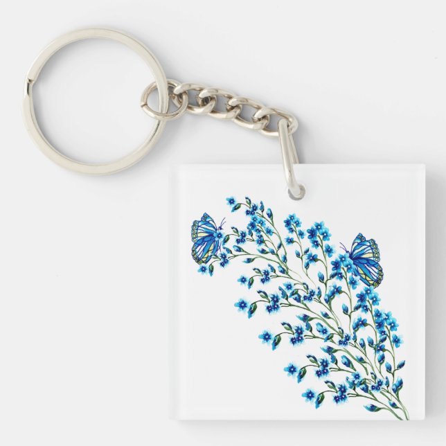Porte-clés Fleurs bleues délicates avec papillon (Devant)
