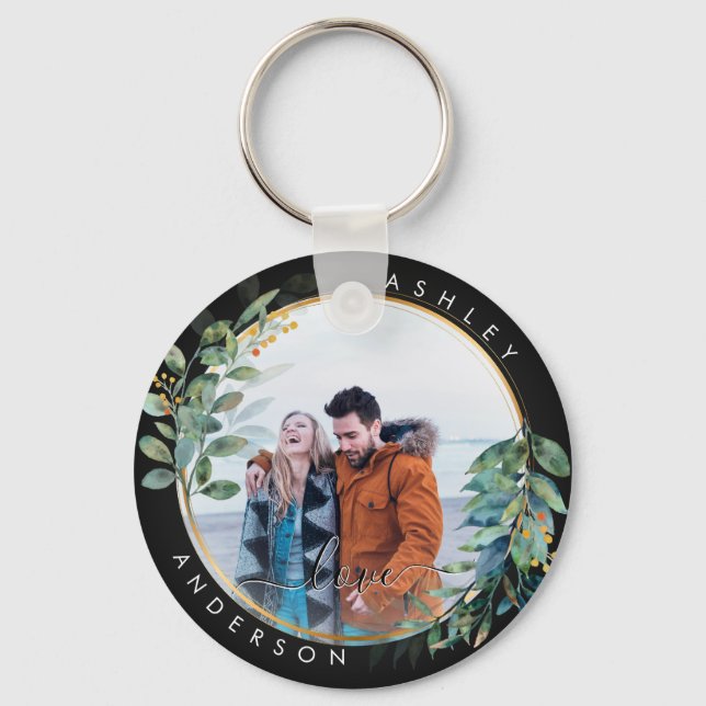 Porte-clés Fleurs Botaniques Aquarelle Vert Couple Doré (Recto)