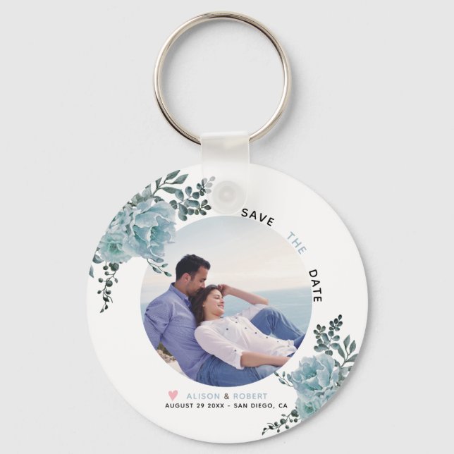 Porte-clés Fleurs d'aquarelle bleu foncé, photo feuille verte (Recto)