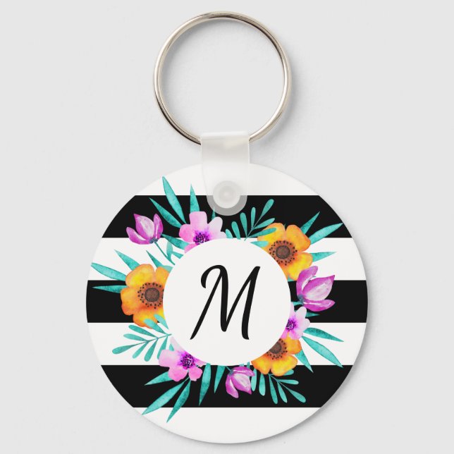 Porte-clés Fleurs d'aquarelle féminine Monogramme personnalis (Recto)