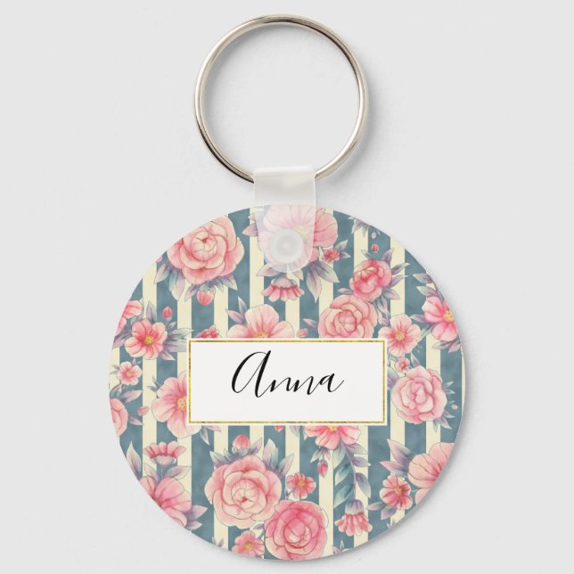Porte-clés Fleurs d'aquarelle rose sur bandes (Recto)