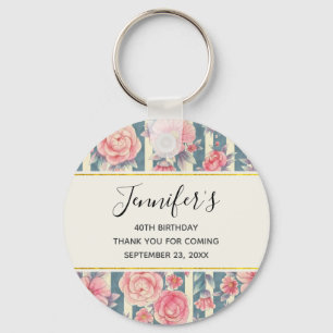 Porte-clés Fleurs d'aquarelle rose sur rayures Anniversaire