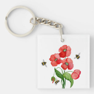 Porte-clés Fleurs de coquelicot écarlate d'aquarelle et bourd