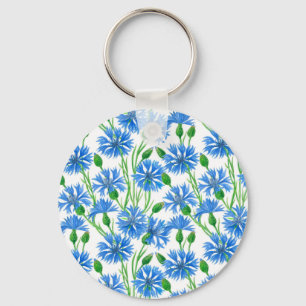 Porte-clés Fleurs d'eau bleu, fleurs sauvages sur blanc