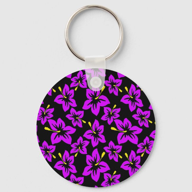 Porte-clés Fleurs d'hibiscus hawaïens violets tropicaux (Recto)
