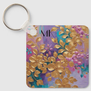Porte-clés Fleurs D'Or Peintes Sur Lilac Rose Turquoise