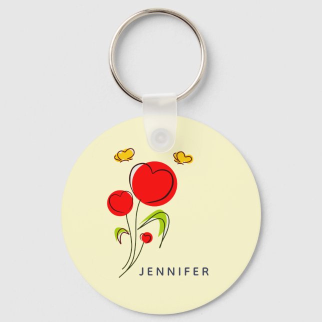 Porte-clés Fleurs du Coeur Rouge mignonnes et papillons jaune (Recto)