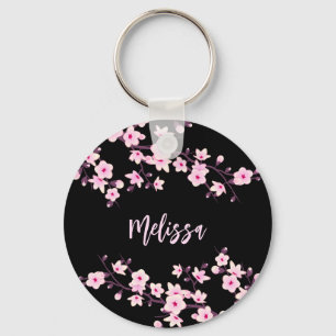 Porte-clés Fleurs florales de cerisier rose noir