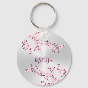 Porte-clés Fleurs florales de cerisiers Argent rose