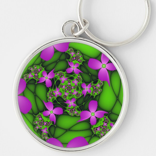 Porte-clés Fleurs fractales Abstraites de néon rose vert (Devant)